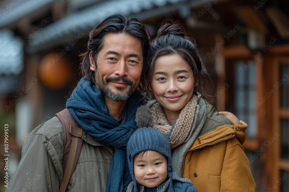 Japanese parents and children are spending time together happily and taking a photo in a standing pose during the activity with their joyful smiles. Japanese parents and children are spending time together happily and taking a photo in a standing pose during the activity with their joyful smiles.