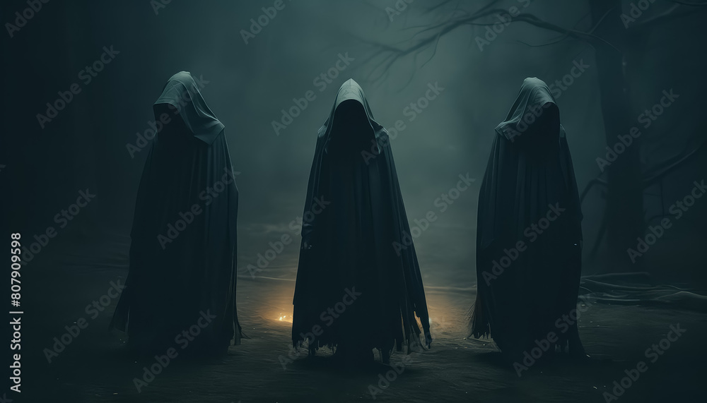 Three dark figures are standing in a foggy, eerie atmosphere