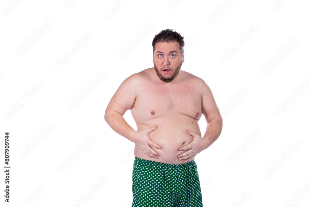 Funny fat man makes faces on a white background. Fun and joy. Funny fat man makes faces on a white background. Fun and joy.