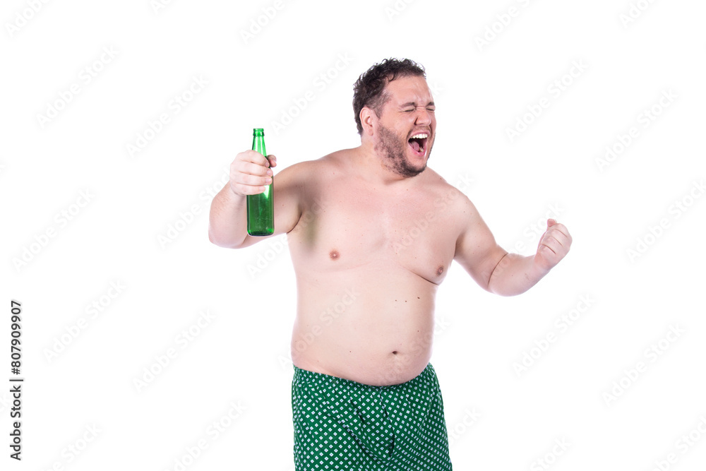 Men's health and alcoholism problems. Fat man drinking beer posing on white background. Men's health and alcoholism problems. Fat man drinking beer posing on white background.