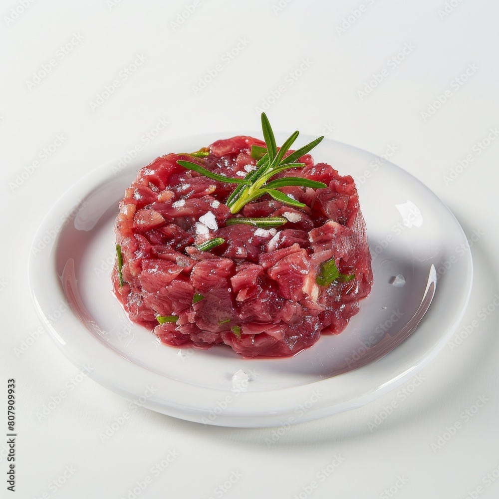 A white plate displaying a succulent piece of meat A white plate displaying a succulent piece of meat