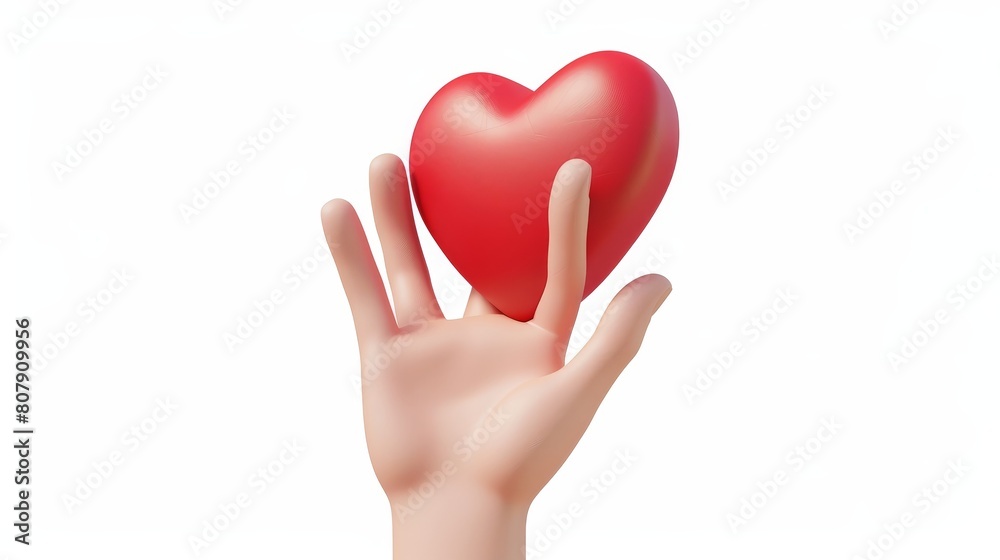 3D illustration of hand and red heart icon isolated on white background. Love, kindness, charity donation, health care and medical service symbol above human fingers. 3D illustration of hand and red heart icon isolated on white background. Love, kindness, charity donation, health care and medical service symbol above human fingers.