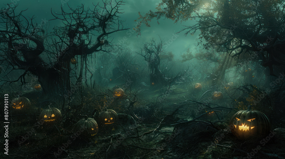 Fototapeta premium a chilling depiction of an eerie glade nestled within a haunted forest, where malevolent pumpkins with glowing eyes line the forest floor, their eerie light piercing the darkness