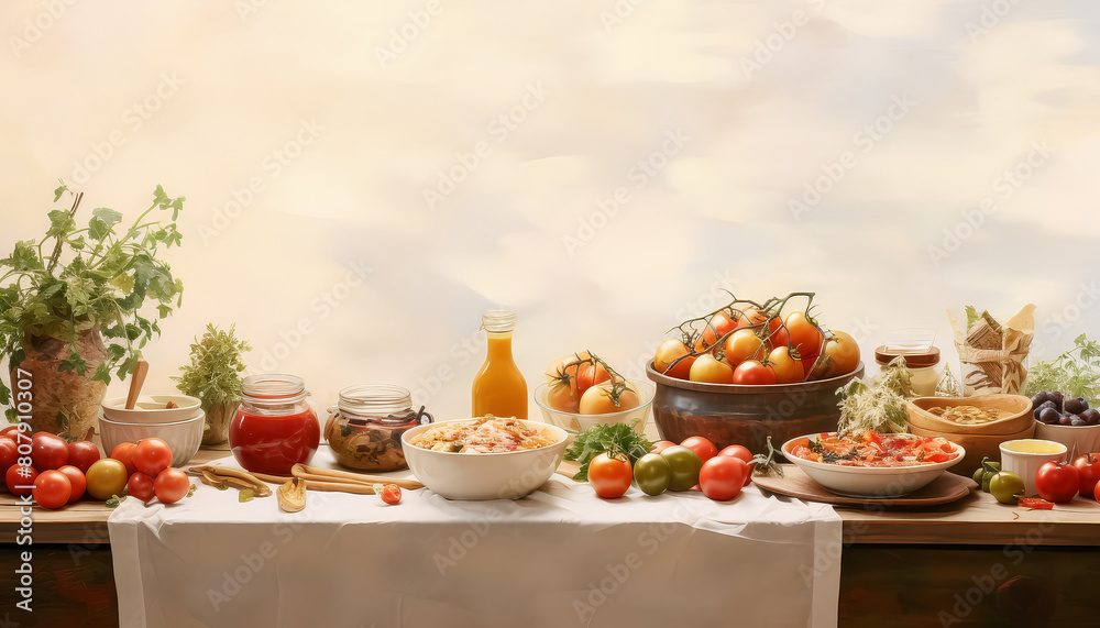 A table full of food, including a large plate of sliced tomatoes