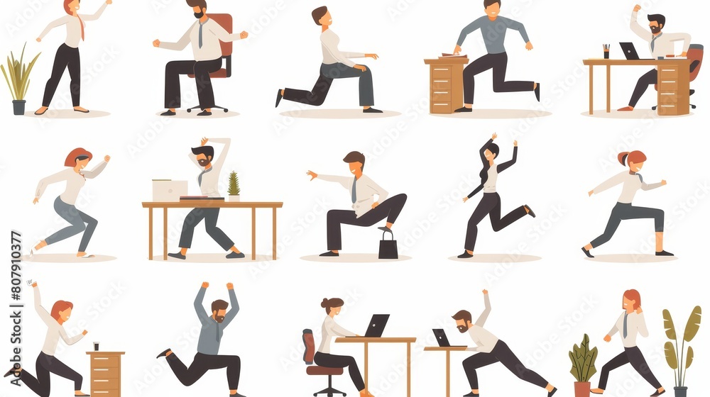Isolated office employees exercising at work, doing squats, lunges, and stretches near the desk. Cartoon linear flat modern illustration.