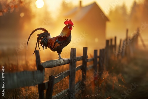 A rooster on the fence is getting ready for the morning cry photo
