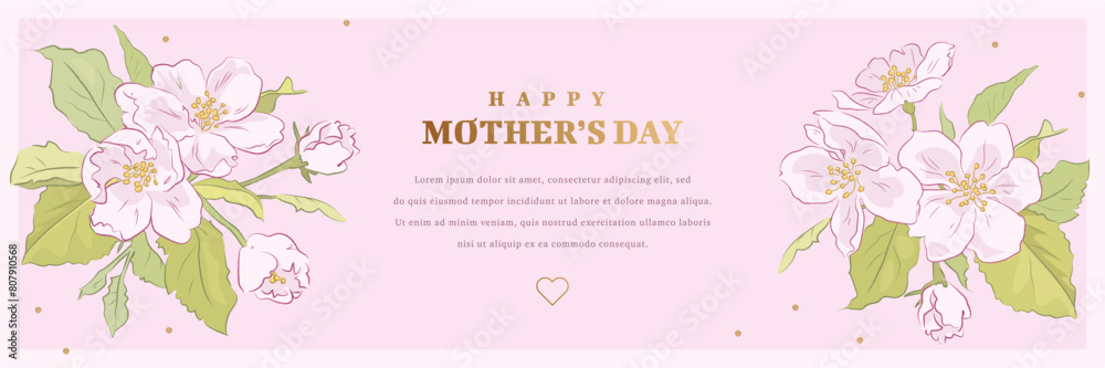 Happy mothers day greeting card, wallpaper, flyer or web banner design template with cherry tree flowes and golden elements. Vector illustration