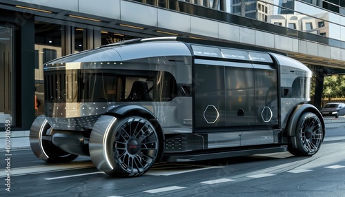 autonomous futuristic ev van, silver and black with large windows