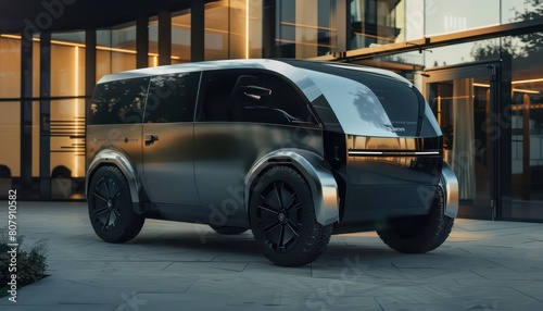 autonomous futuristic ev van  silver and black with large windows