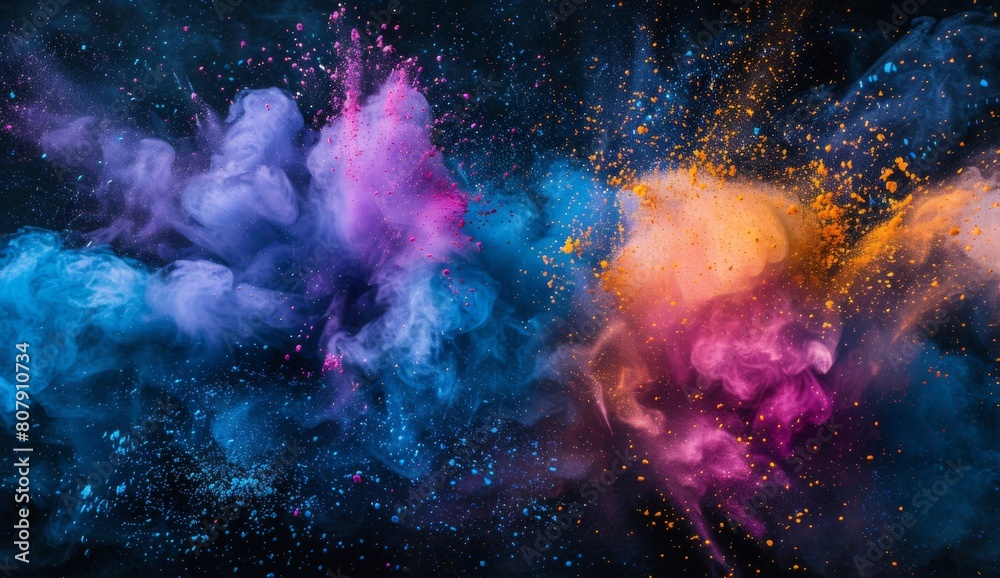  3D colorful powder explosion on black background, colorful splash in the air, commercial photography in the style of unknown artist.