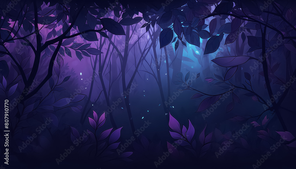A forest with purple leaves and dark blue sky