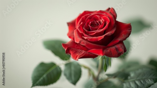 high - impact red rose close - up with green leaves and stem against a white wall