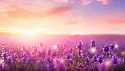 A field of purple flowers with a bright sun in the background