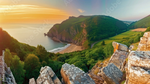 Breathtaking panoramic view of the Valley of Rocks at sunset. Sun-kissed cliffs stand guard over lush green fields, bathed in the vibrant colors of a summer evening. photo