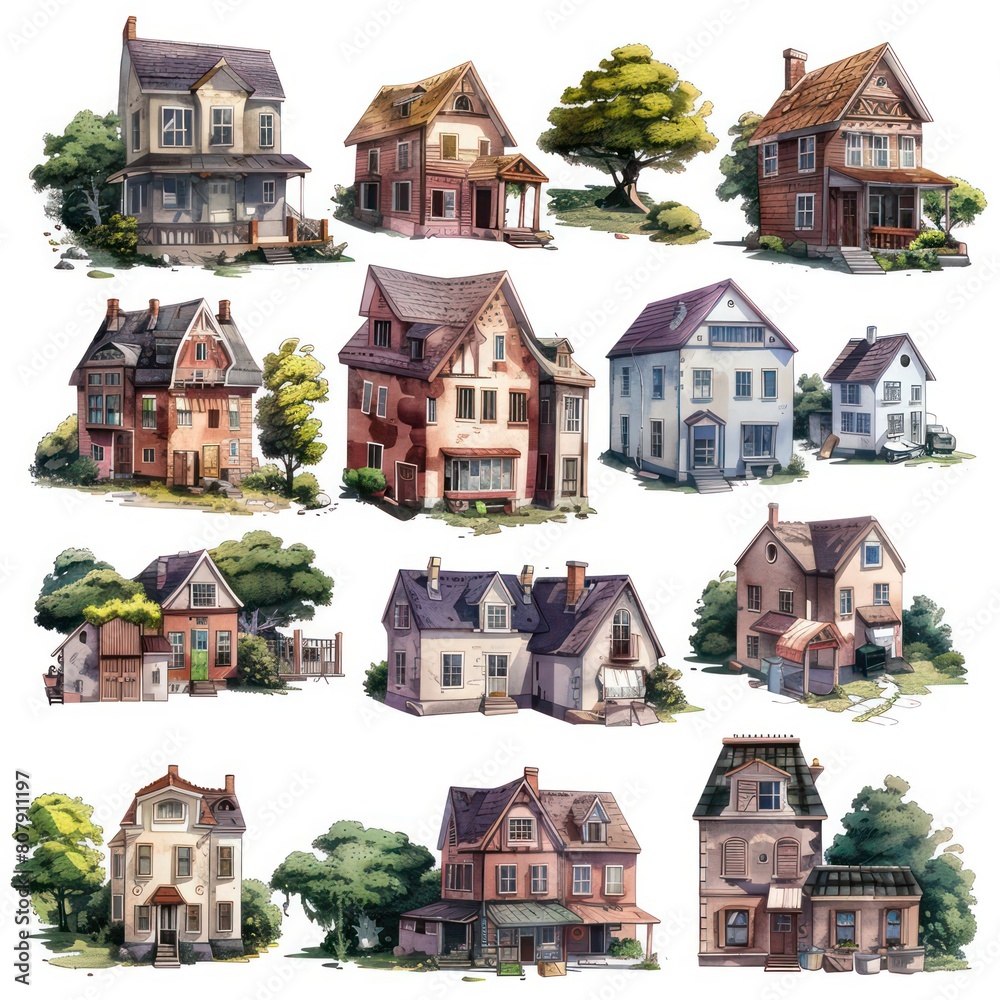 medieval buildings in the watercolor on white background