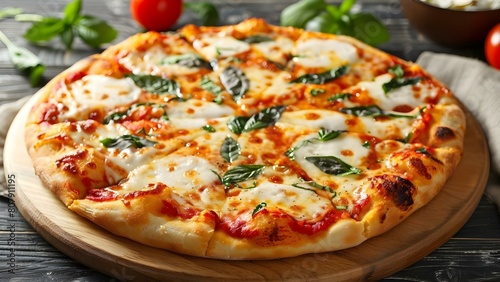 Authentic Margherita Pizza on a Round Wooden Board on a White Background. Concept Food Photography, Margherita Pizza, Wooden Background, White Background photo