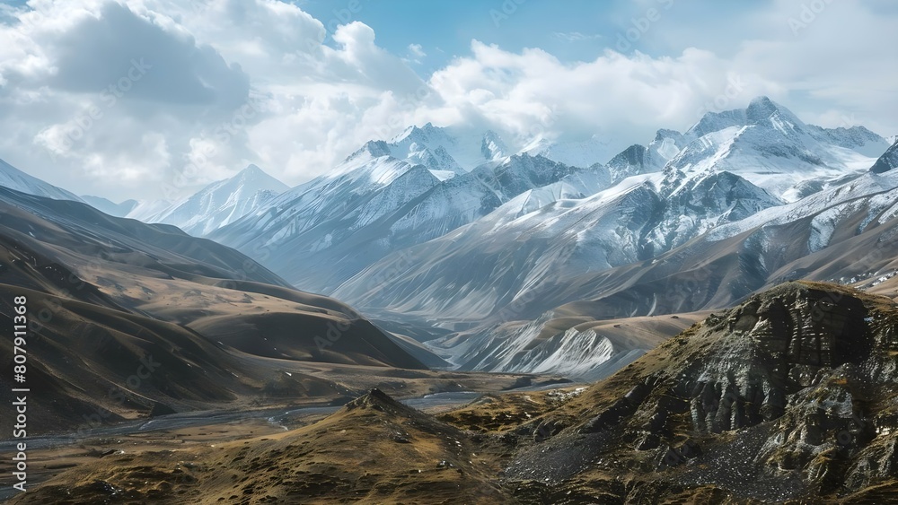 Fototapeta premium Mountains lose snow exposing climate change scars on rugged terrain backdrop. Concept Mountain Depiction, Climate Change Awareness, Snow Melting Impact, Nature's Vulnerability