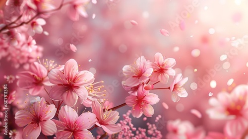 illustration of cherry blossoms in various shades of pink and white bloom on a sunny day