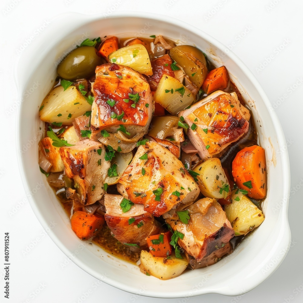 A white bowl overflowing with a delectable mix of meat and vegetables in the traditional French style