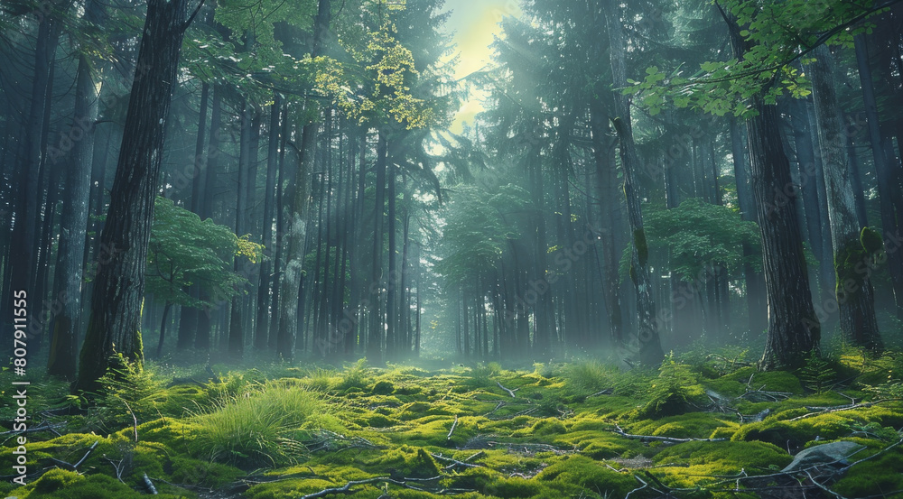 Fototapeta premium Towering trees and mossy undergrowth. Generative AI.