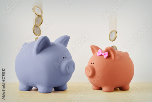 Blue and pink piggy bank with falling coins - Gender pay gap concept © calypso77