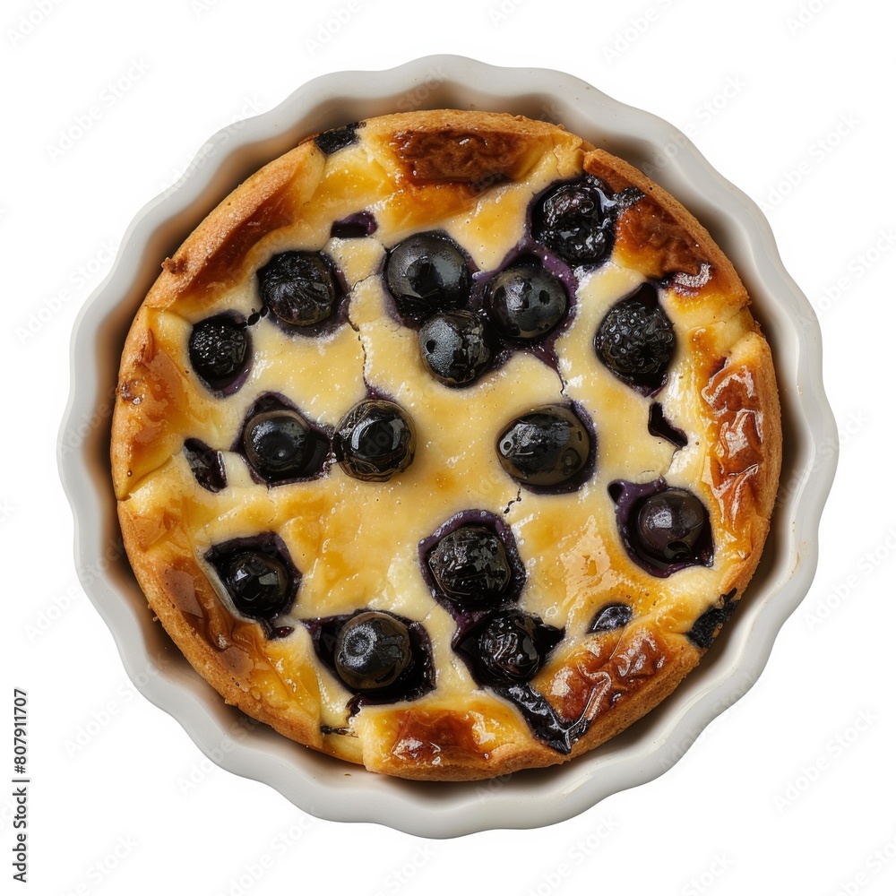 A pie with blueberries and cheese sits in a pie pan