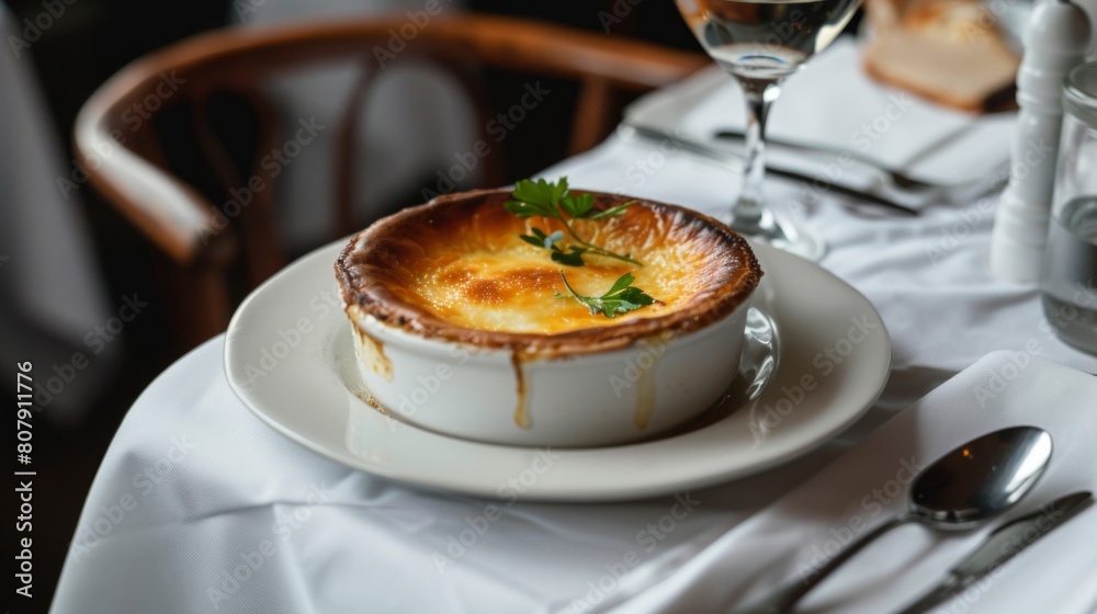 A white plate with a scrumptious French Clafoutis pie placed elegantly on a table A white plate with a scrumptious French Clafoutis pie placed elegantly on a table