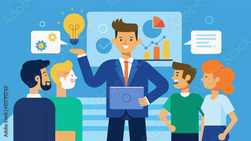 A young entrepreneur excitedly shows off a prototype of their tech invention to a group of potential investors explaining how it will revolutionize. Vector illustration