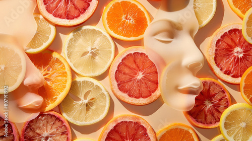 a conceptual photo of a skin outline adorned with slices of mango, papaya, and guava, representing the skin-brightening and rejuvenating effects of tropical fruits.