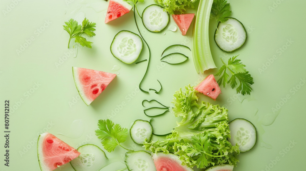 a conceptual photo of a skin outline decorated with slices of cucumber, celery, and watermelon, representing the hydrating and cooling effects of water-rich foods on the skin. a conceptual photo of a skin outline decorated with slices of cucumber, celery, and watermelon, representing the hydrating and cooling effects of water-rich foods on the skin.