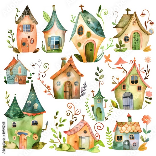 houses, greenery, climbing vines, colorful watercolor storybook illustration on white background