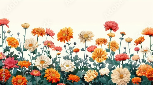 illustration of chrysanthemum flowers in various shades of red, orange, yellow, and white, arranged in a row from left to right © YOGI C
