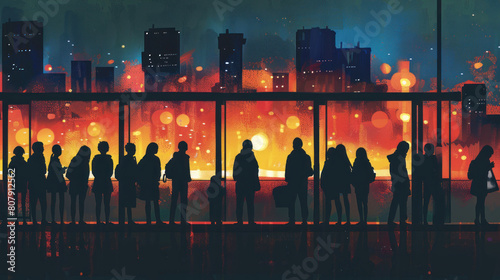 depiction of a line of diverse individuals waiting at a bus stop beneath the shimmering lights of the city skyline, their silhouettes blending together as they anticipate the arrival  photo