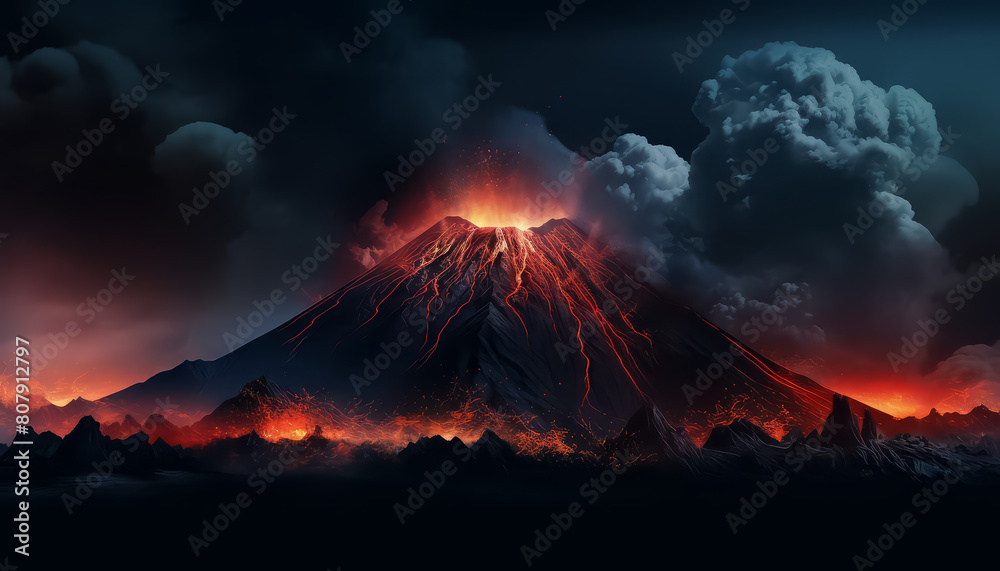 A volcano erupts in the sky with a dark background
