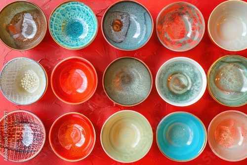 Vibrant ceramic bowls and plates artistically arranged against a striking red background