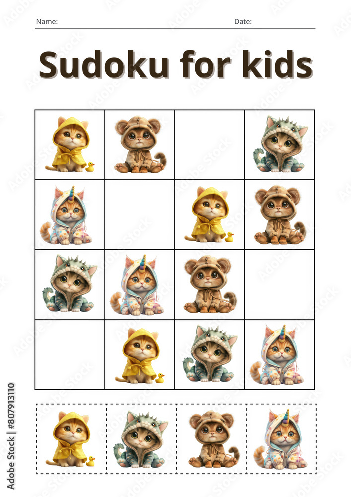 Fototapeta premium Cute kittens is a sudoku game for kids with pictures. A task sheet for children. Developing logic, an educational game.