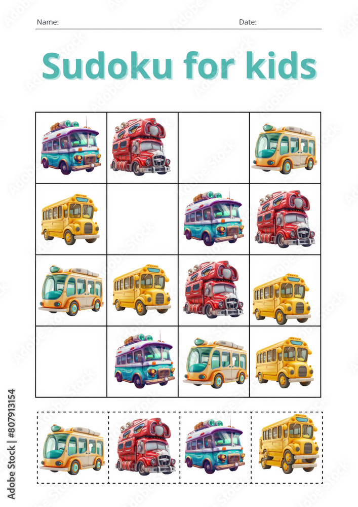Transport is a Sudoku game for kids with pictures. A task sheet for children. Developing logic, an educational game.