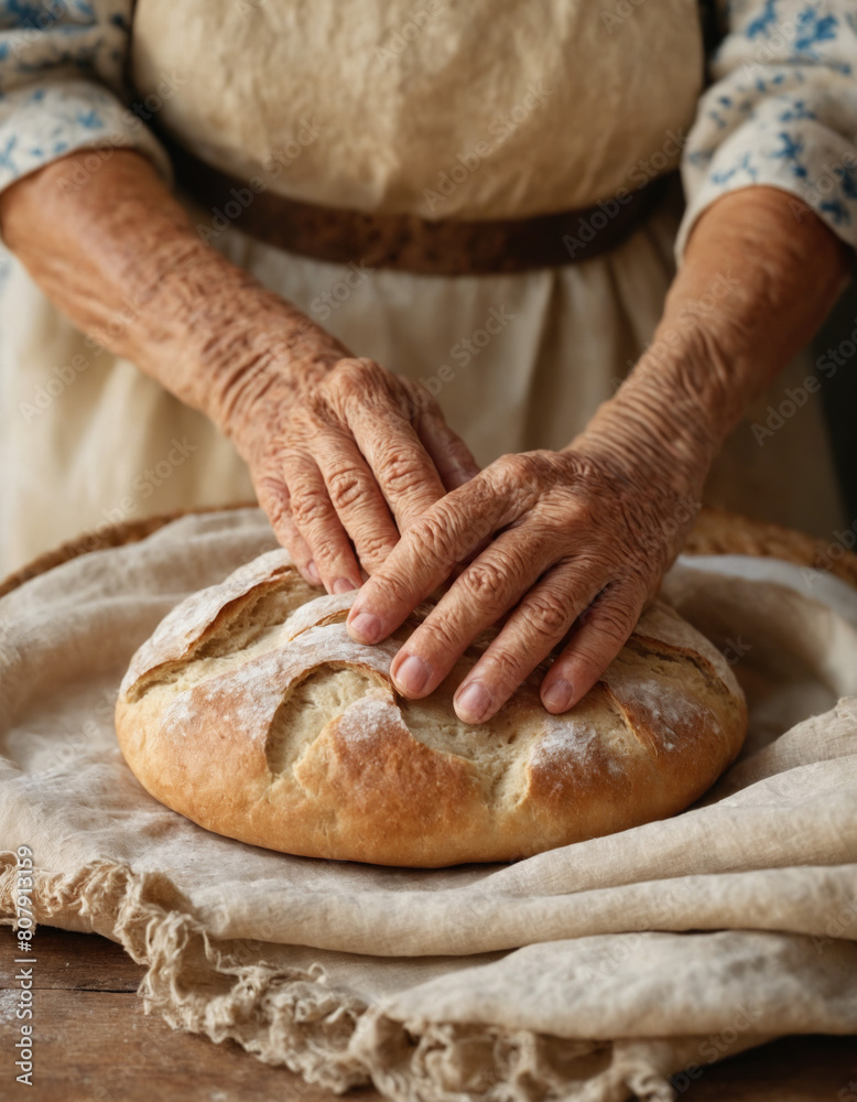 Grandmother holding freshly baked bread on a rustic wooden table covered with a linen cloth. Old woman kneading traditional dough. Natural organic homemade bread. Rustic bakery relaxed atmosphere.