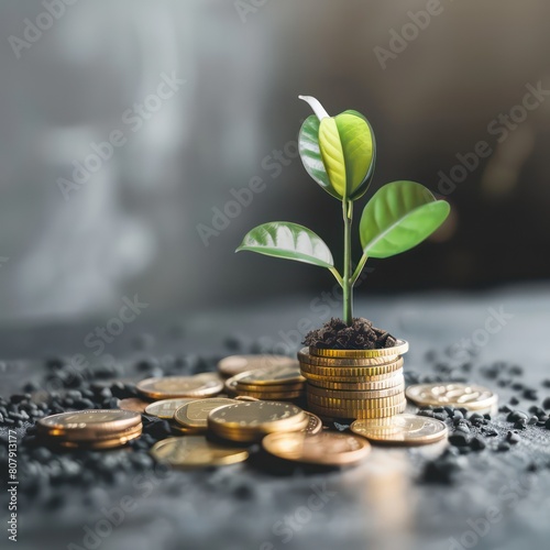 investing growth marketing analyzing stocks charts, money coin, green plant growing