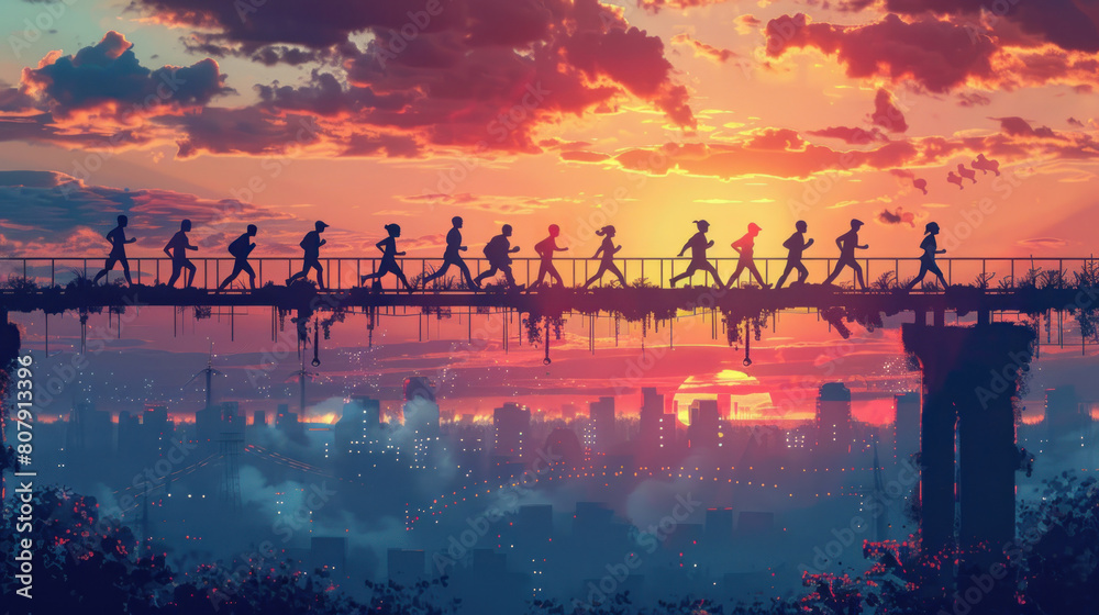 a depiction of silhouetted runners crossing a bridge during a dawn marathon, their figures outlined against the backdrop of the awakening city, symbolizing the resilience a depiction of silhouetted runners crossing a bridge during a dawn marathon, their figures outlined against the backdrop of the awakening city, symbolizing the resilience