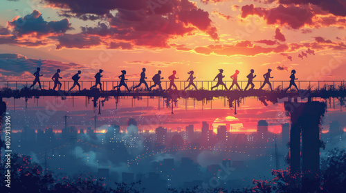 a depiction of silhouetted runners crossing a bridge during a dawn marathon, their figures outlined against the backdrop of the awakening city, symbolizing the resilience © NooPaew