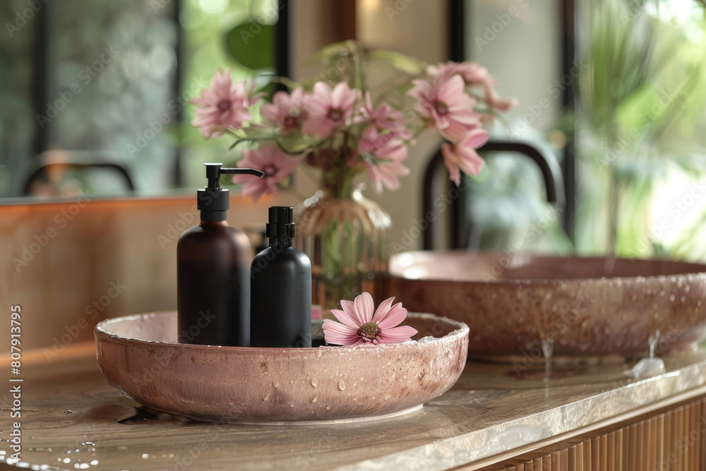 Soap dispensers on countertop near sink in bathroom. Space for text