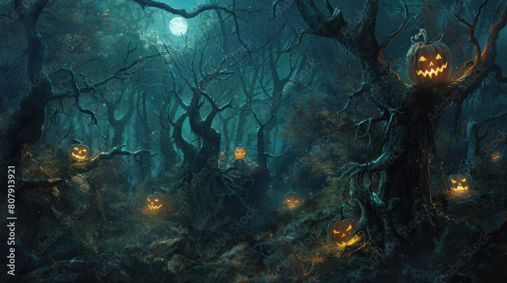 a haunting depiction of an eerie glade nestled within a sinister forest, where malevolent pumpkins with glowing eyes leer from atop lifeless branches, infusing the scene