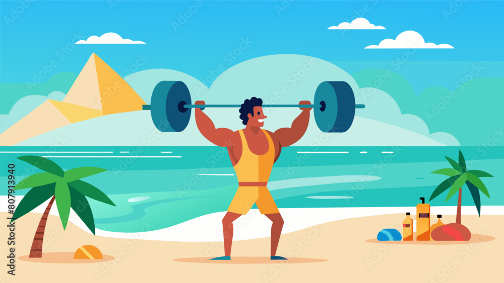 A weightlifter working out on a picturesque beach the crystal clear water and white sand providing a calming and serene backdrop.. Vector illustration