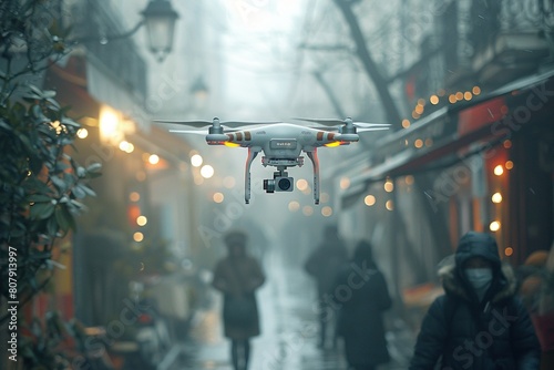 Flaying drone on the street photo