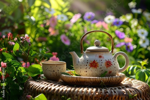 A ceramic tea pot and two cups rest on a wicker table placed in a garden setting