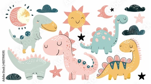 Cute dinosaurs in a boho style for baby room decoration. Isolated on white background  pastel icons of cute dinos on a moon  sun  clouds and stars.