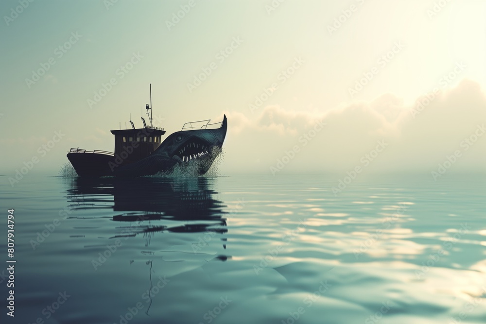 illustration of a sea monster and a fishing vessel