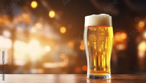 A glass of beer is sitting on a bar counter