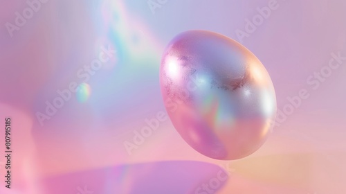 Close-up of a levitating, iridescent pearl with a glowing, rainbow-colored light reflecting on a pink background.